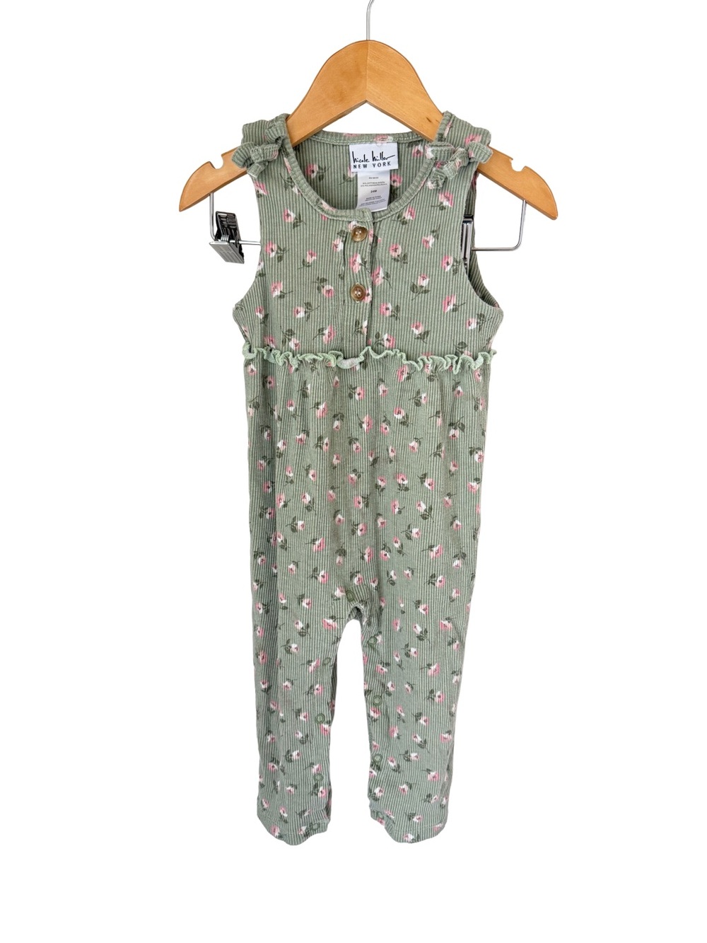Nicole Miller Sage Green Ribbed Floral Romper with Pink Blossoms
